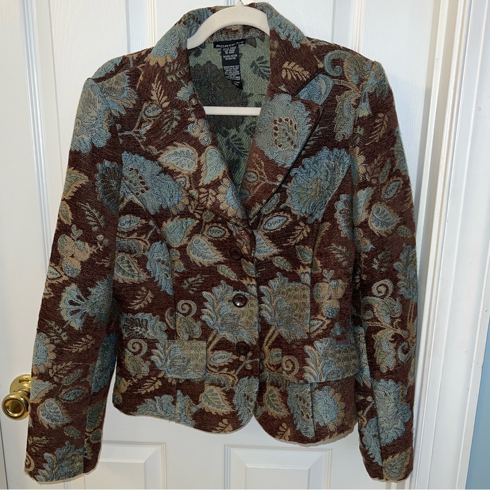 Portrait Floral Brocade Brown & Blue Women's Jacket Sz S